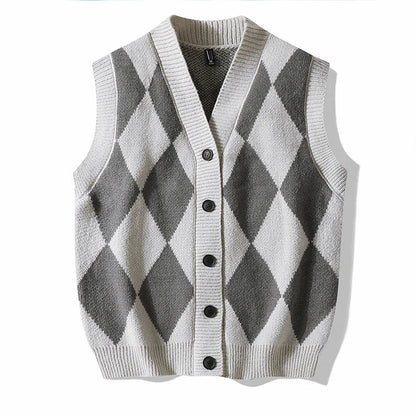 Men's Plaid Sweater Vest Sleeveless V-Neck Button Cardigan Vest Fashion Office Knitted Vest Classic Fit Tank Tops