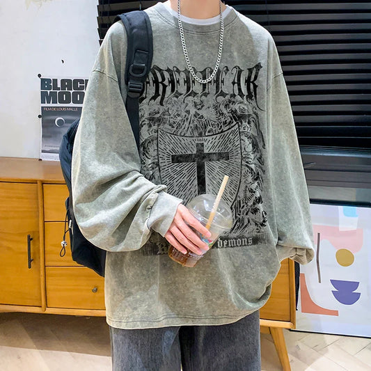 saferido Spring Autumn New Men's Loose Sweatshirt Gothic Wear American Printed Long-sleeved Tshirt Hip Hop Round Neck Sweatshirts