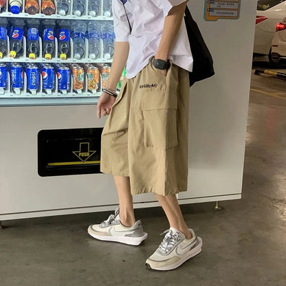 saferido Casual Cargo Pants Men Calf-length Letter Oversize All-match Baggy Wide Leg Trousers High Street Hip Hop Trendy Harajuku Chic