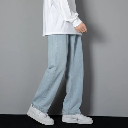 saferido New Korean Men's Casual Long Jeans Classic Man Straight Denim Wide-leg Pants Solid Color Light Blue Grey Black 3XL