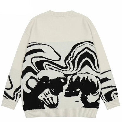Men Streetwear Sweater Retro Painting Skull Graphic Hip Hop Knitted Sweater Vintage Pullover Casual Wool Sweater Hipster