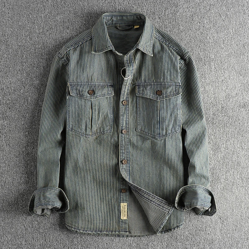 Fashion men Europe and the United States style casual shirt coat striped fabric washed to make old vintage cargo denim shirt