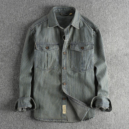 Fashion men Europe and the United States style casual shirt coat striped fabric washed to make old vintage cargo denim shirt