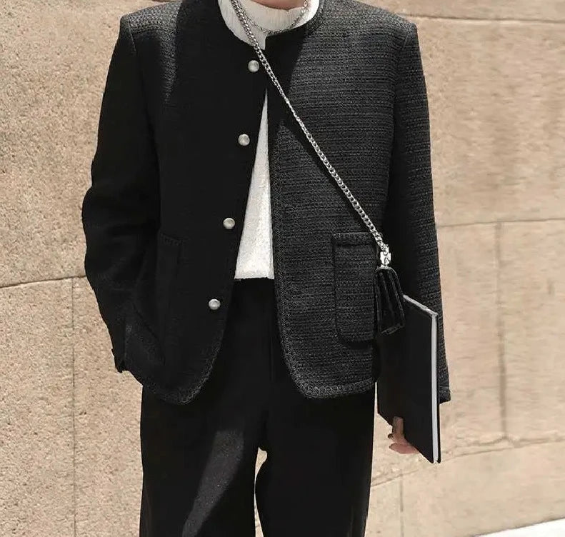 Tops Korean Style New Men's Woven Texture Shirts Casual Streetwear Male Solid Collarless Long Sleeved Blouse S-5XL