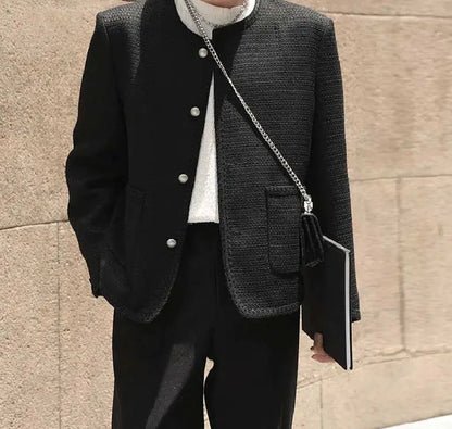 Tops Korean Style New Men's Woven Texture Shirts Casual Streetwear Male Solid Collarless Long Sleeved Blouse S-5XL