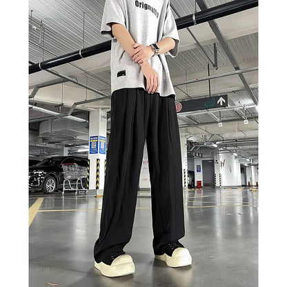 saferido Summer Casual Pants Men Solid Simple Ice Silk Breathable Baggy Wide Leg Trousers Japanese Style Vintage Fashion Couples Chic Ins