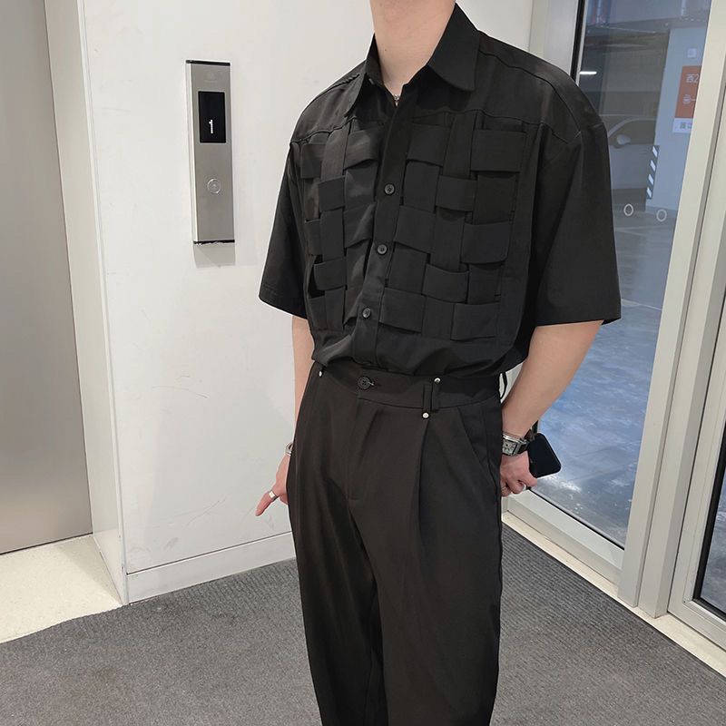 Men's Clothing Summer New Short Sleeve Stand Collar Cross Organization Solid Color Spliced Button Loose Hong Kong Breeze Shirt