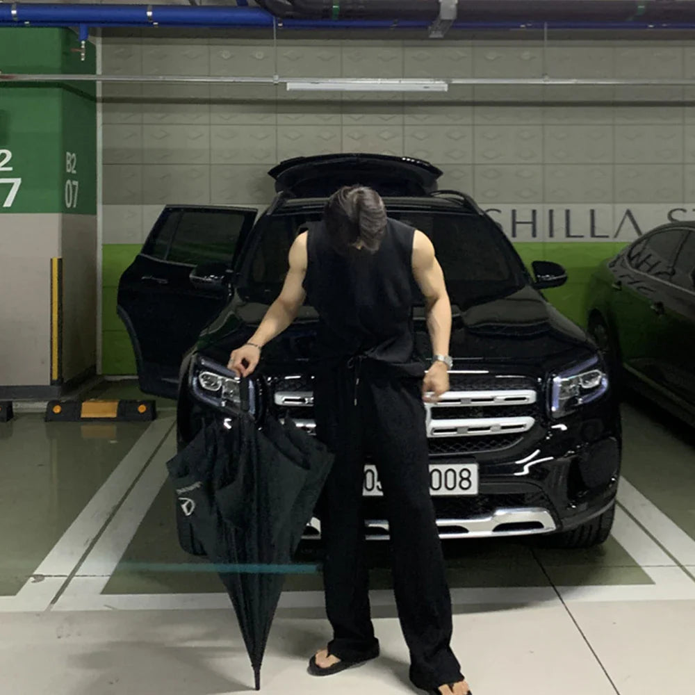 saferido Summer Clothing Men's Casual Tank Tops Set Luxury Korean Streetwear O Neck Solid Drape Vest+Trousers 2 Piece Suit 2024 New