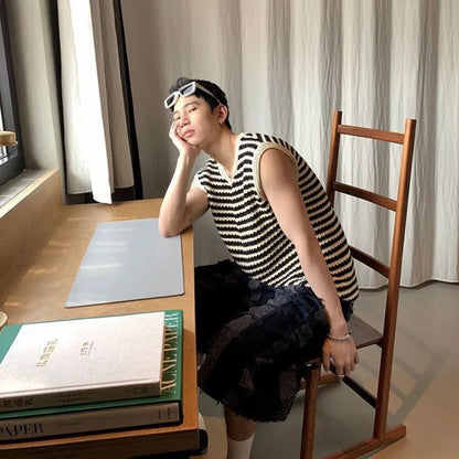 saferido Knitted Sweaters for Men Mesh Vest Sleeveless Man Clothes Black Striped Waistcoat Spring Autumn Designer Luxury 90s Vintage Y2k