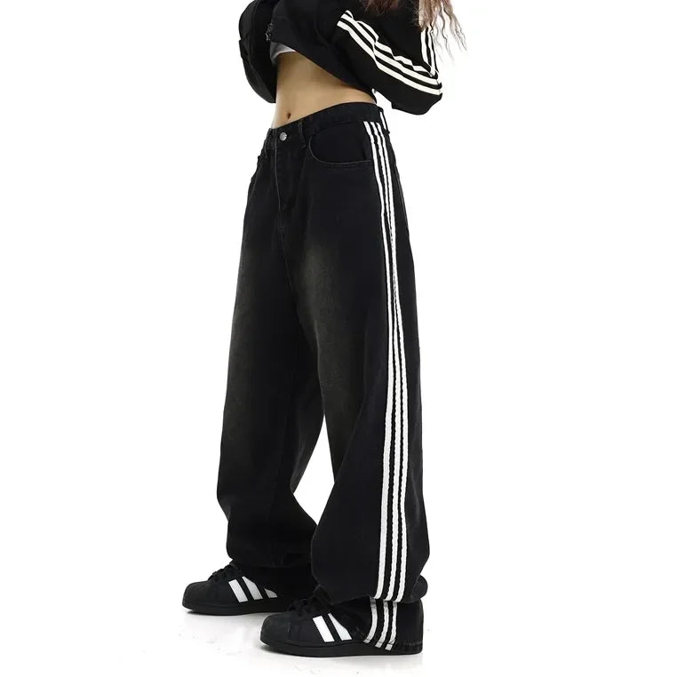 Y2k Harajuku Street Distressed Striped Black Jeans Women Korean Fashion Casual Straight Pants Classic Simple Loose Denim Pants