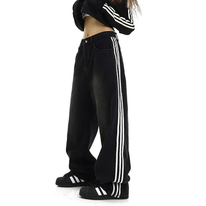 Y2k Harajuku Street Distressed Striped Black Jeans Women Korean Fashion Casual Straight Pants Classic Simple Loose Denim Pants
