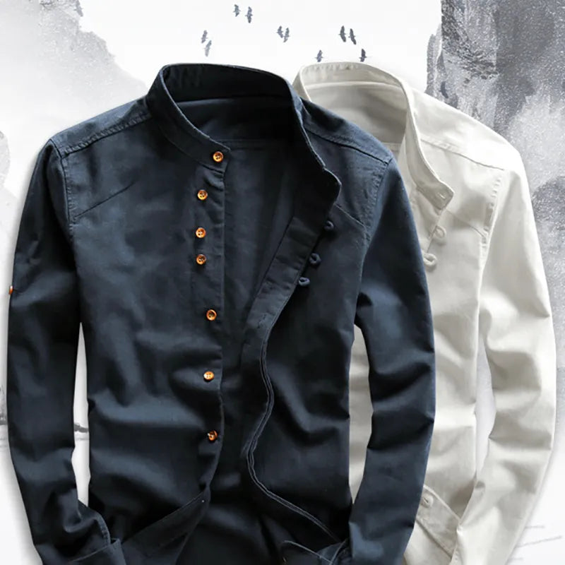 Men Cotton Linen Shirt Formal Retro Chinese Style Long Sleeve Mandarin Collar Casual Shirts Soft Comfort Clothing 7XL