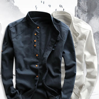 Men Cotton Linen Shirt Formal Retro Chinese Style Long Sleeve Mandarin Collar Casual Shirts Soft Comfort Clothing 7XL