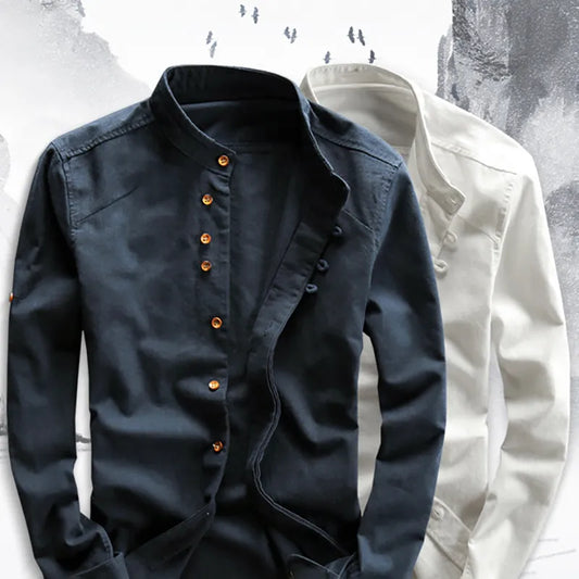 Men Cotton Linen Shirt Formal Retro Chinese Style Long Sleeve Mandarin Collar Casual Shirts Soft Comfort Clothing 7XL