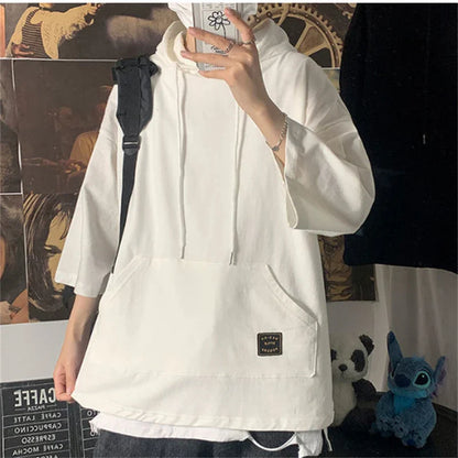 saferido Men Casual Hoodies Spring Summer Harajuku Korean Men's Loose Hooded Tops Large Size Three Quarter Sleeve Hooded Tops