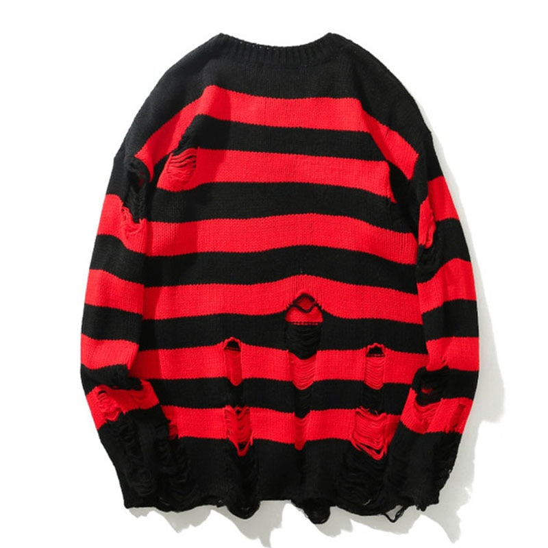 Hip Hop Striped Knitted Sweater Mens Womens Harajuku Hole Knit Jumpers Oversized Streetwear Casual Loose O-Neck Pullover Couples
