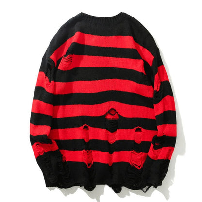 Hip Hop Striped Knitted Sweater Mens Womens Harajuku Hole Knit Jumpers Oversized Streetwear Casual Loose O-Neck Pullover Couples