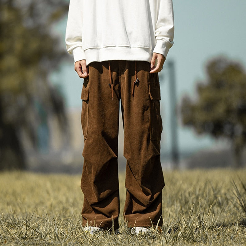 Streetwear Pants For Men Fashion Loose Pockets Cargo Pant Autumn Casual Solid Color Corduroy Trousers Mens Vintage Lantern Pants