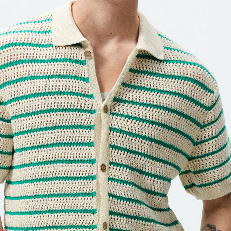 Summer Clothing Men's Light Luxury Knitted Polo Shirt Casual Vintage Button-down Striped Short Sleeve Fashion Leisure Knitwear
