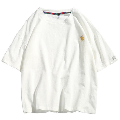 Summer New Men's Short-Sleeved T-shirt Cotton and Linen Casual Men's T Shirts Male Breathable Loose Hip Hop Embroidery Top Tees