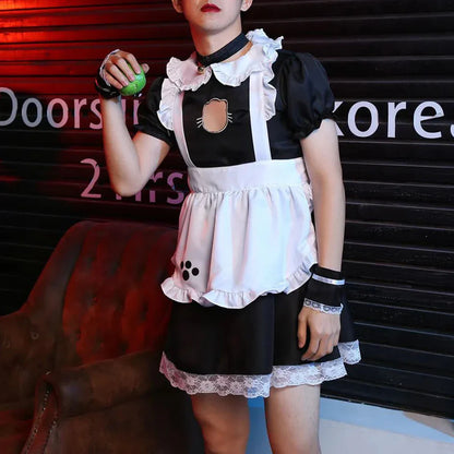saferido Mens Sexy Cute Dress Suit Genderless Youth Japanese Style Cosplay Lolita Male Maid Maid Headband Neckband Wristband Skirt Suit Unisex