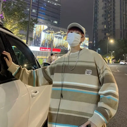 saferido Literature and Art Men's Loose Stripe Round Neck Knitwear Men's Autumn Oversize Lazy Sweater men coat winter clothes sweter