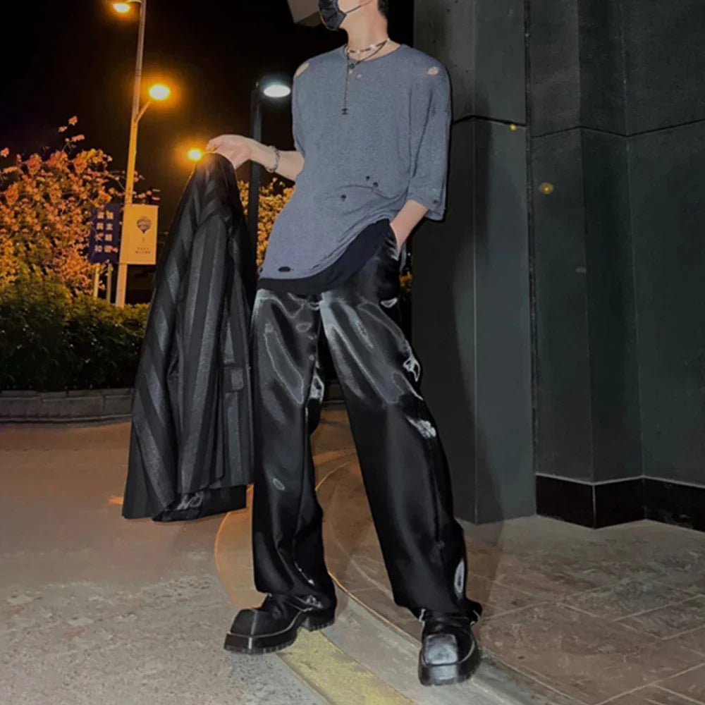 saferido Y2k Street Glossy Satin Trousers Men's Spring and Summer Loose Casual Pants Tide Brand Fashion Solid High Waist Wide Leg Pants