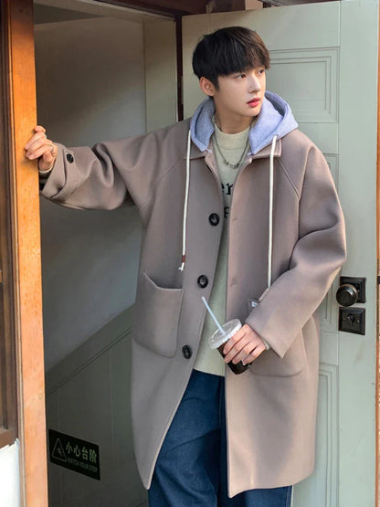 Hooded Blends Men Korean Style Lace-up Spliced Single Breasted Spring Autumn Temperament Streetwear Tender Advanced Classic