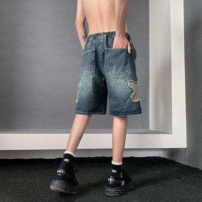 saferido Patch embroidered denim shorts for men's summer American high street capris casual breeches loose fitting youth pants