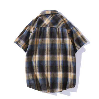 saferido Korean Style Plaid Shirts For Men Short Sleeve Fashion Turn-down Collar Blouses Hip Hop Male Clothing