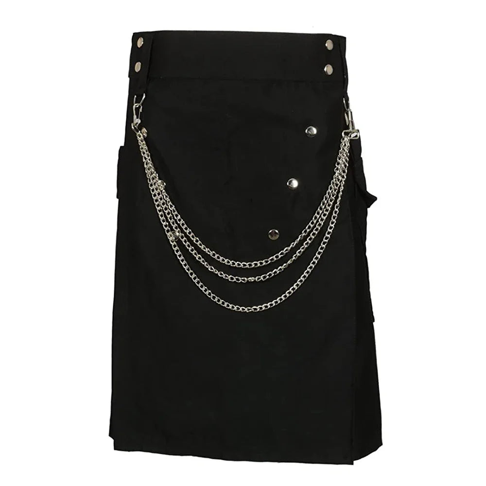 saferido Summer Fashion Utility Kilt with Silver Chains Black Skirt Bottom Men's Scottish Festival Skirts Punk Rock Metal Pendant Pleated Skirt