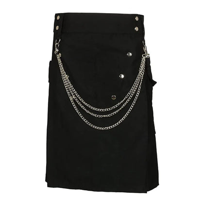 saferido Summer Fashion Utility Kilt with Silver Chains Black Skirt Bottom Men's Scottish Festival Skirts Punk Rock Metal Pendant Pleated Skirt