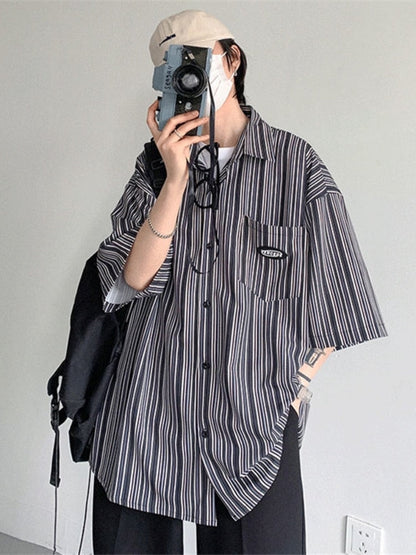 Summer Men's Short Sleeve Striped Shirts Fashion Print Shirt Mens Blouses Streetwear Brand Loose Casual Shirt Tops Men