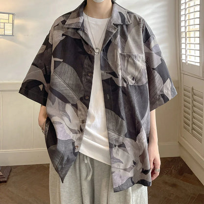 saferido Summer Men's Classic Beautiful Print Short Sleeve Shirts American Retro Style Loose Shirts Popular Grey/brown Shirts