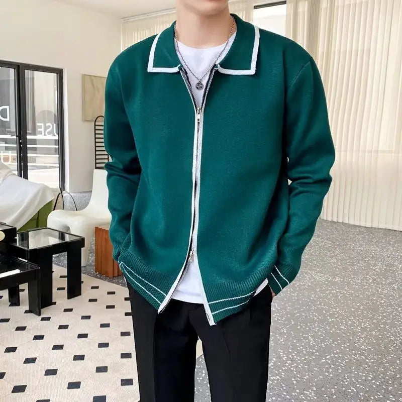 New Autumn and Winter Light Mature Wind Contrast Color Korean Edition Double Zipper Casual Loose Men's Knitted Sweater