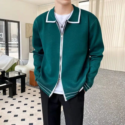 New Autumn and Winter Light Mature Wind Contrast Color Korean Edition Double Zipper Casual Loose Men's Knitted Sweater