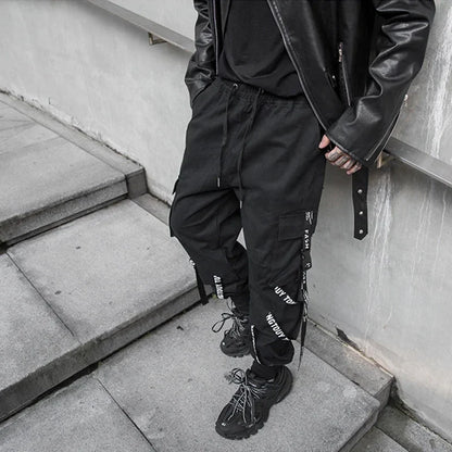 saferido Techwear Cargo Pants Men Joggers Black Cargo Trousers for Men Jogging Japanese Streetwear Hip Hop Hippie Gothic Ribbon