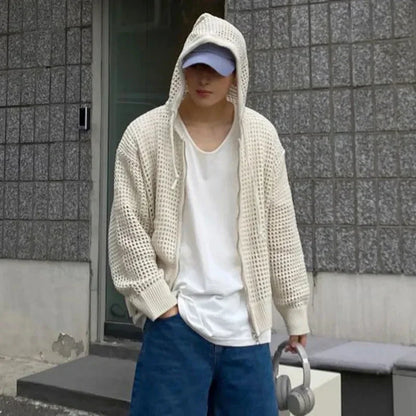 saferido Vintage Knit Mesh Coat for Men Hole Hooded Cardigan Long Sleeve Tee Male Casual Autumn Japanese Streetwear Hip Hop
