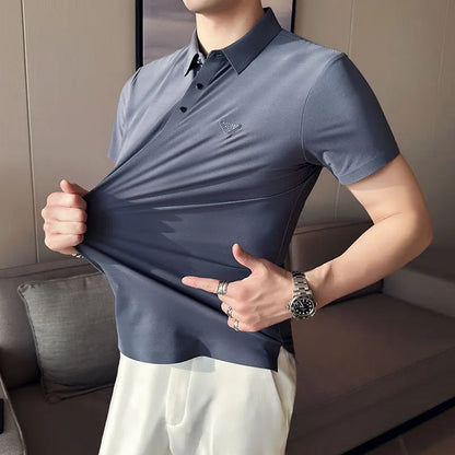 saferido British Style Men's High Elastic Ice Silk Dark Striped Lapel Polo Shirt Golf Casual Slim Fit Short Sleeve Shirt Khaki