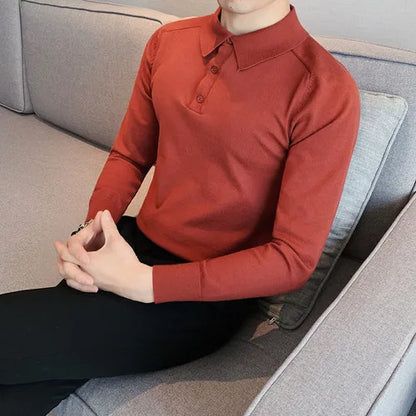 saferido Summer Mens Long-Sleeved Knitted Casual POLO Shirts Contrast Color British Slim Fit Lapel POLO Shirt Men Clothes S-3XL