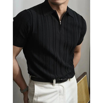Summer Men's Clothing Light Luxury Zipper Polo Shirt Korean Solid Color Short Sleeve Retro Fashion Streetwear Leisure Knitwear