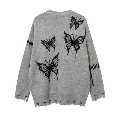 saferido High Street Trendy Men Sweater Dark Butterfly Jacquard Round Neck Pullover with Hole in The Bottom Hem Knitwear Spring Autumn