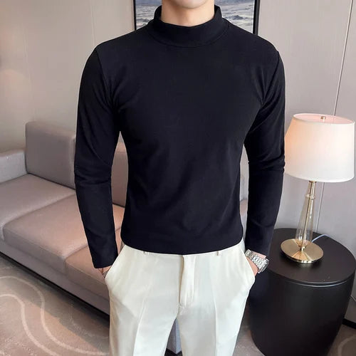 saferido  New Style Male Spring High Quality Slim Casual Long Sleeve T-shirts/Men Fashion High Collar Pure Color Leisure T-shirt 3XL