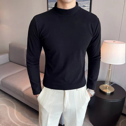 saferido  New Style Male Spring High Quality Slim Casual Long Sleeve T-shirts/Men Fashion High Collar Pure Color Leisure T-shirt 3XL