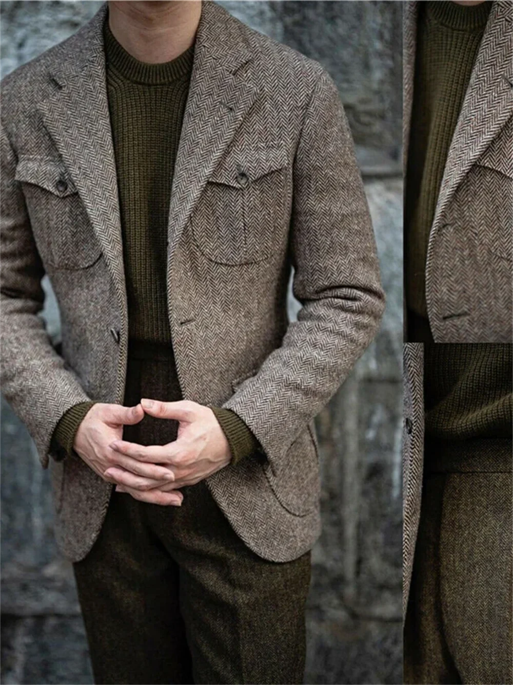 1 Pieces Vintage Business Men Suits Slim Fit Tweed Herringbone Tuxedo Groom Suits For Men Wedding Notch Lapel Jacket Male Blazer
