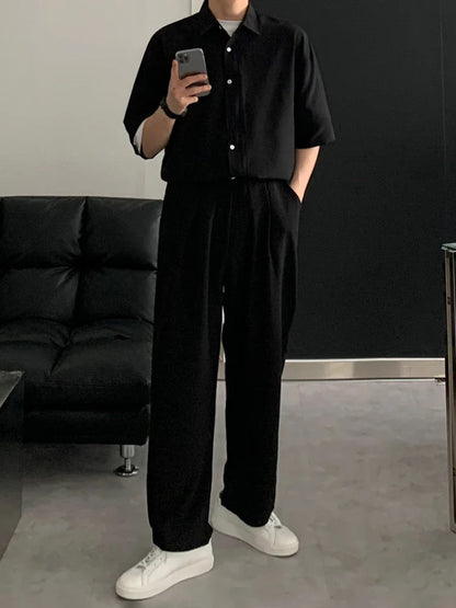 saferido Men Short Sleeve Shirt 2024 Summer New Korean Style Single Breasted Lapel Business Casual Top Solid Color Male