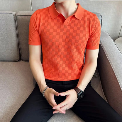saferido British Style Men's Summer Casual Short Sleeves Polo Shirts/Male Slim Fit High Quality Plaid Business Knitting POLO Shirts S-4XL