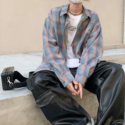 saferido Colorful Plaid Shirt Men Fashion Vintage Shirt Men Streetwear Loose Long Sleeved Shirt Mens Oversized Casual Shirts M-2XL
