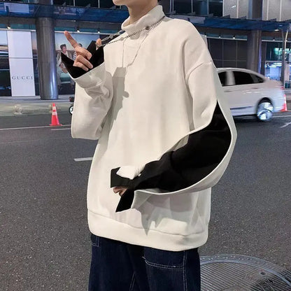 saferido Stylish Stand Collar Spliced Loose Fake Two Pieces T-Shirt Men's Clothing Spring New Casual Pullovers All-match Tee Shirt