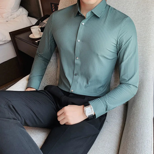 saferido Spring Autumn Long Sleeve Men Vintage Shirts Fashion stripe Slim Fit Korean Mens Shirt Luxe Homm Office Dress Shirts S-4XL